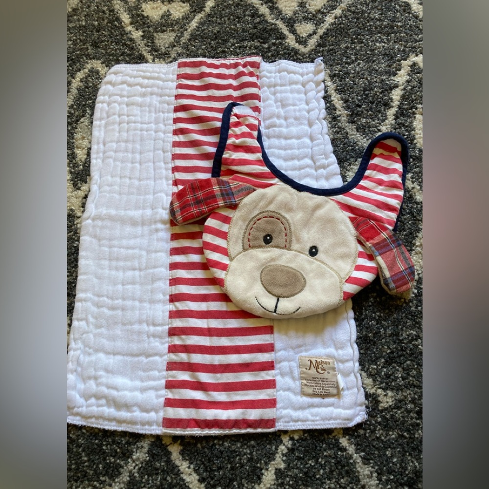 White and red striped burp cloth and doggie bib